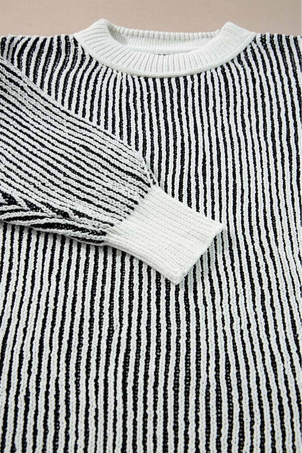 Dark Blue Striped Textured Knit Contrast Edge Loose Sweater
