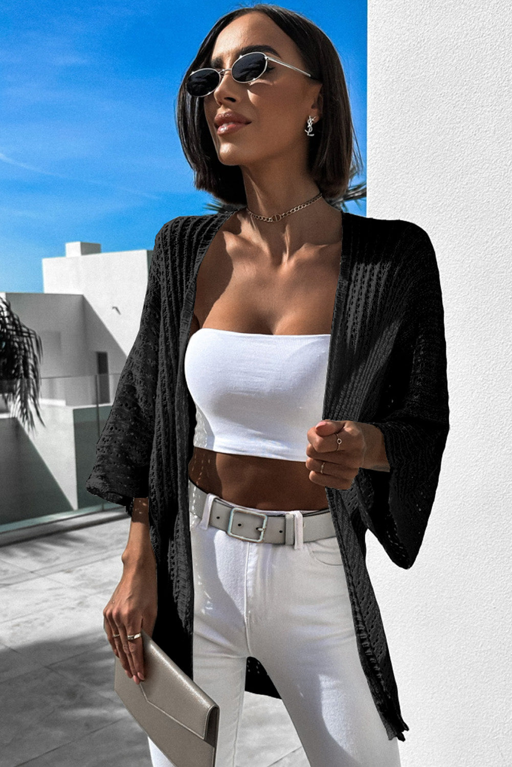 Sky Blue Hollow-out Bracelet Sleeve Knit Cardigan