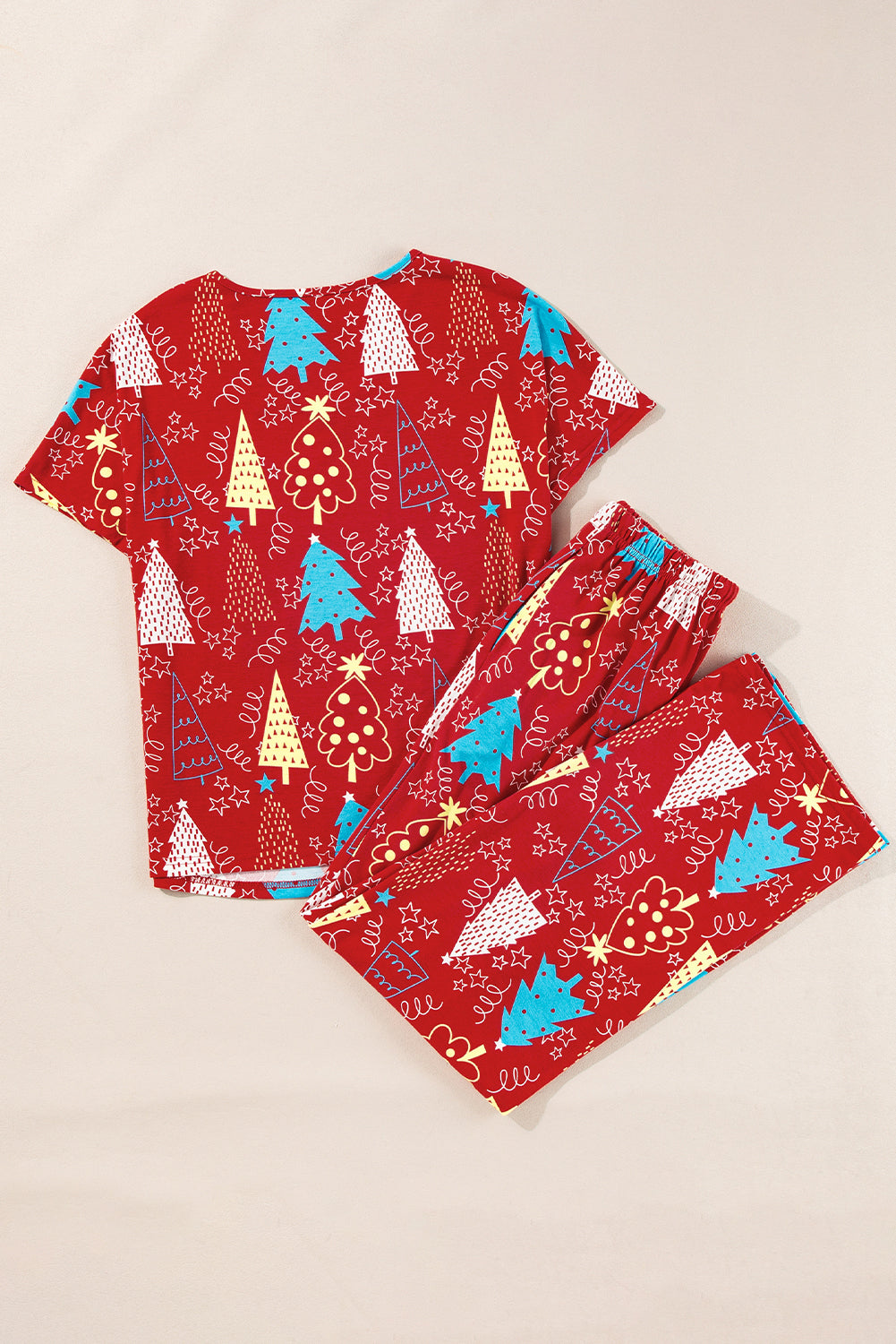 Green Christmas Tree Print V Neck Tee and Pants Lounge Set
