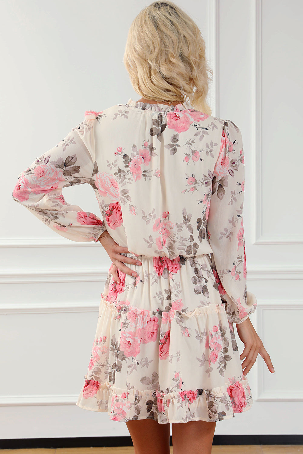 Beige Floral Split Neck Cinched Waist Ruffle Mini Dress