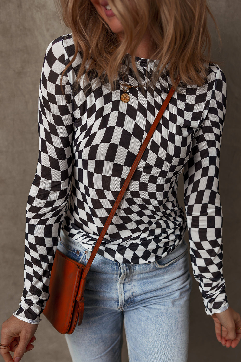 Khaki Checkered Pattern Mesh Mock Neck Long Sleeve Top