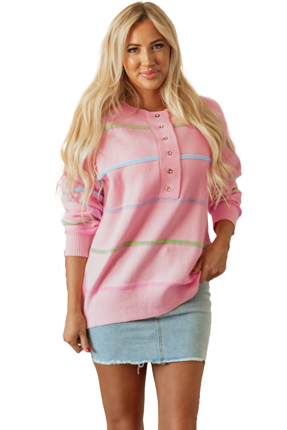 White Rainbow Stripes Drop Shoulder Baggy Henley Sweater