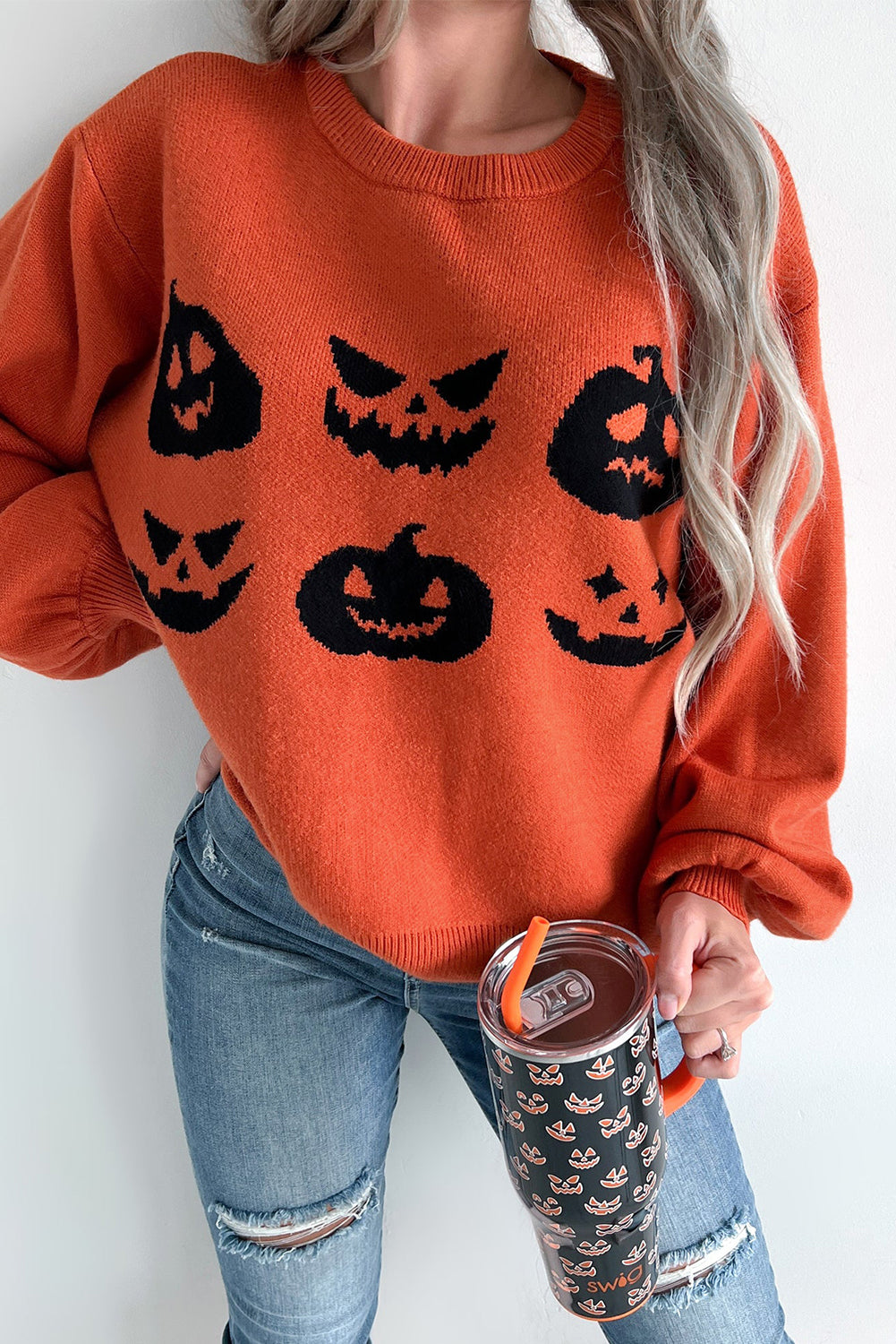 Black Halloween Pumpkin Face Pattern Drop Shoulder Sweater