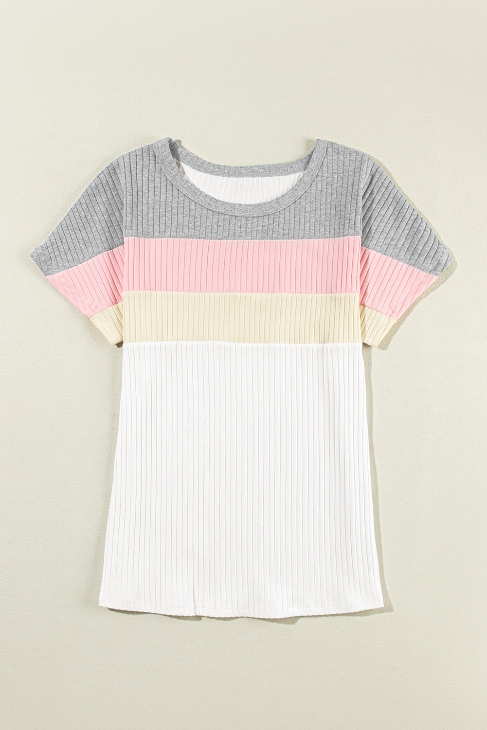 Gray Ribbed Color Block Patchwork T-shirt
