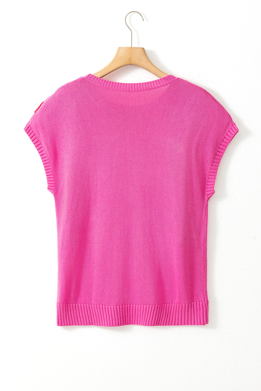 Bright Pink Flower Embroidery Short Sleeve Knitwear Top