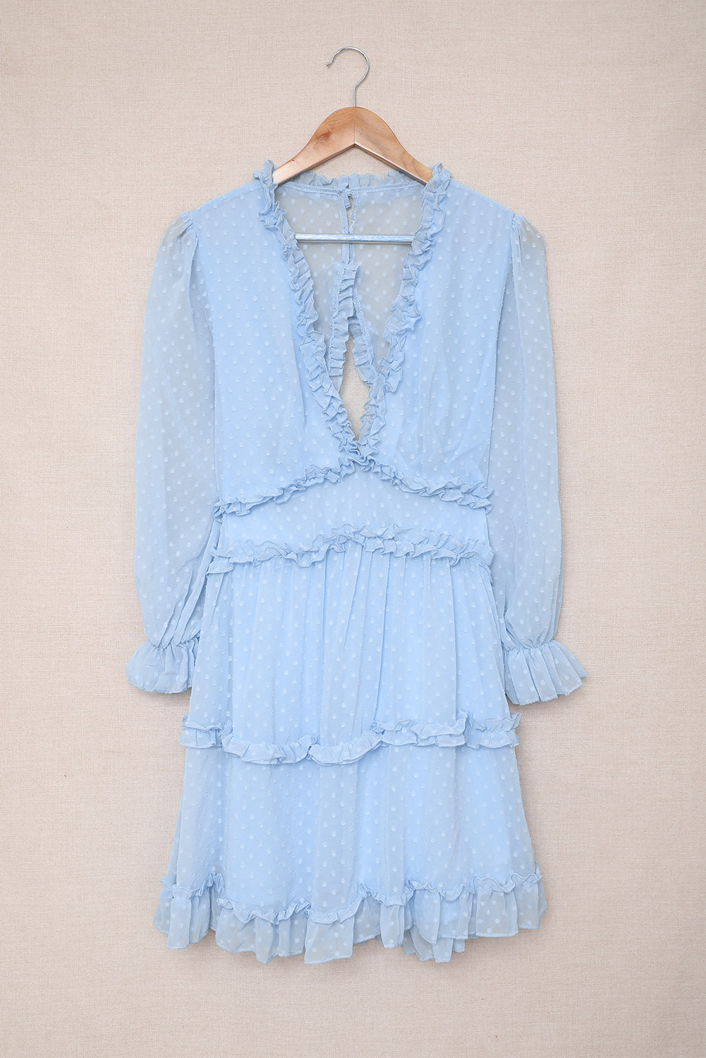Pink Layered Ruffled Open Back Puff Sleeve Swiss Dot Mini Dress