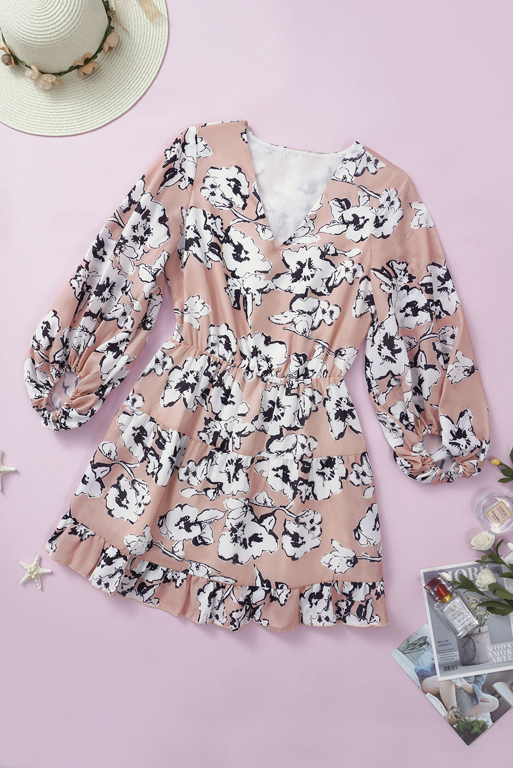 Apricot Sky Blue/Blue/Apricot V Neck Lantern Sleeves Floral Tunic Dress