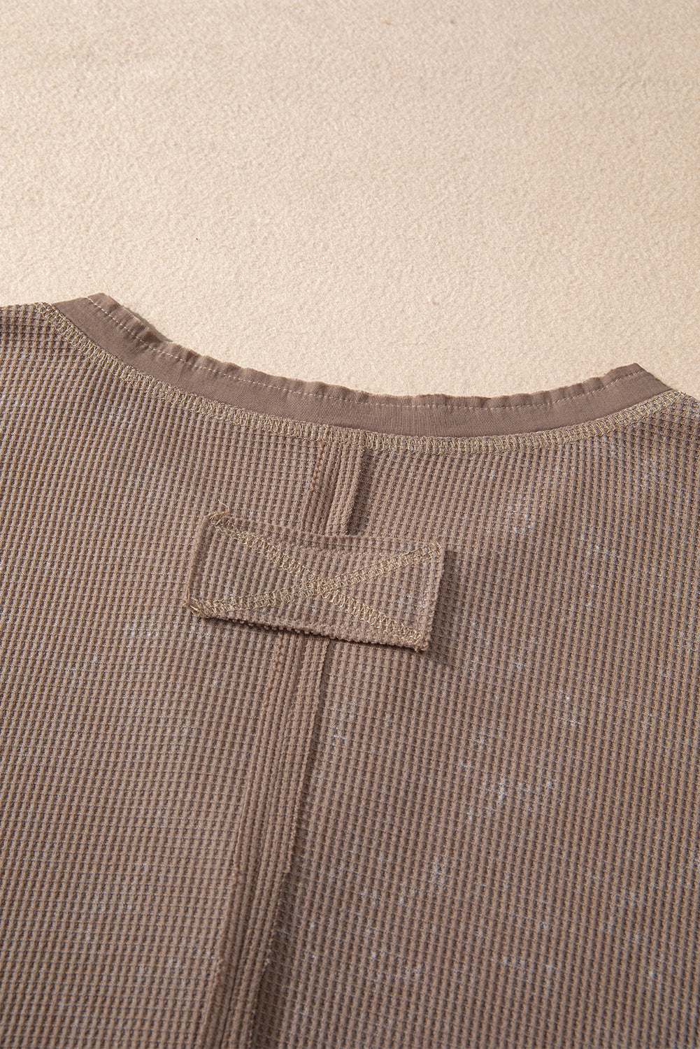 Smoke Green Acid Wash Waffle Knit Buttoned Neckline Long Sleeve Top