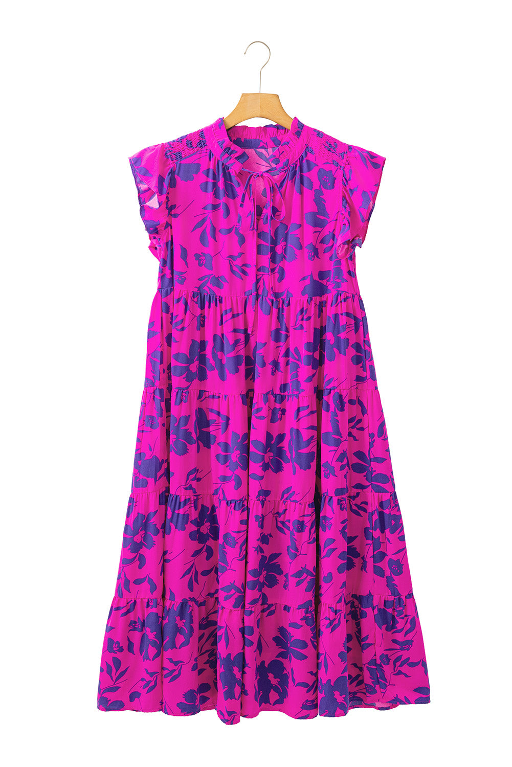 Sky Blue Floral Print Tiered Frilled Trim Flutter Sleeve Maxi Dress