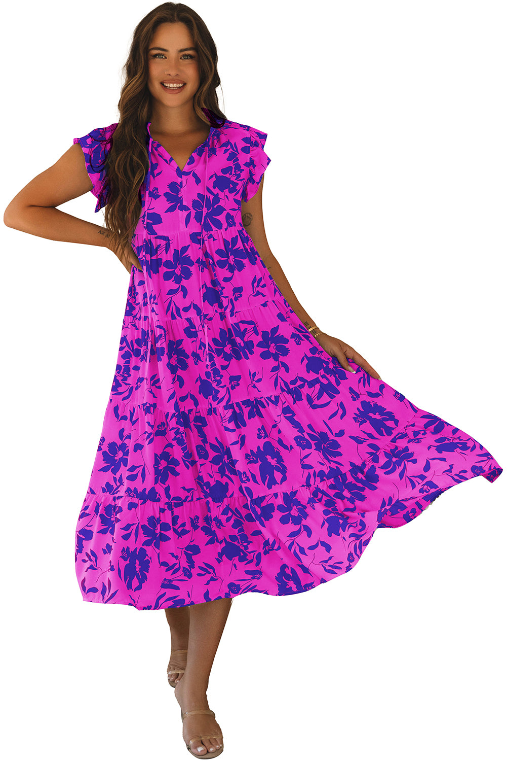 Sky Blue Floral Print Tiered Frilled Trim Flutter Sleeve Maxi Dress