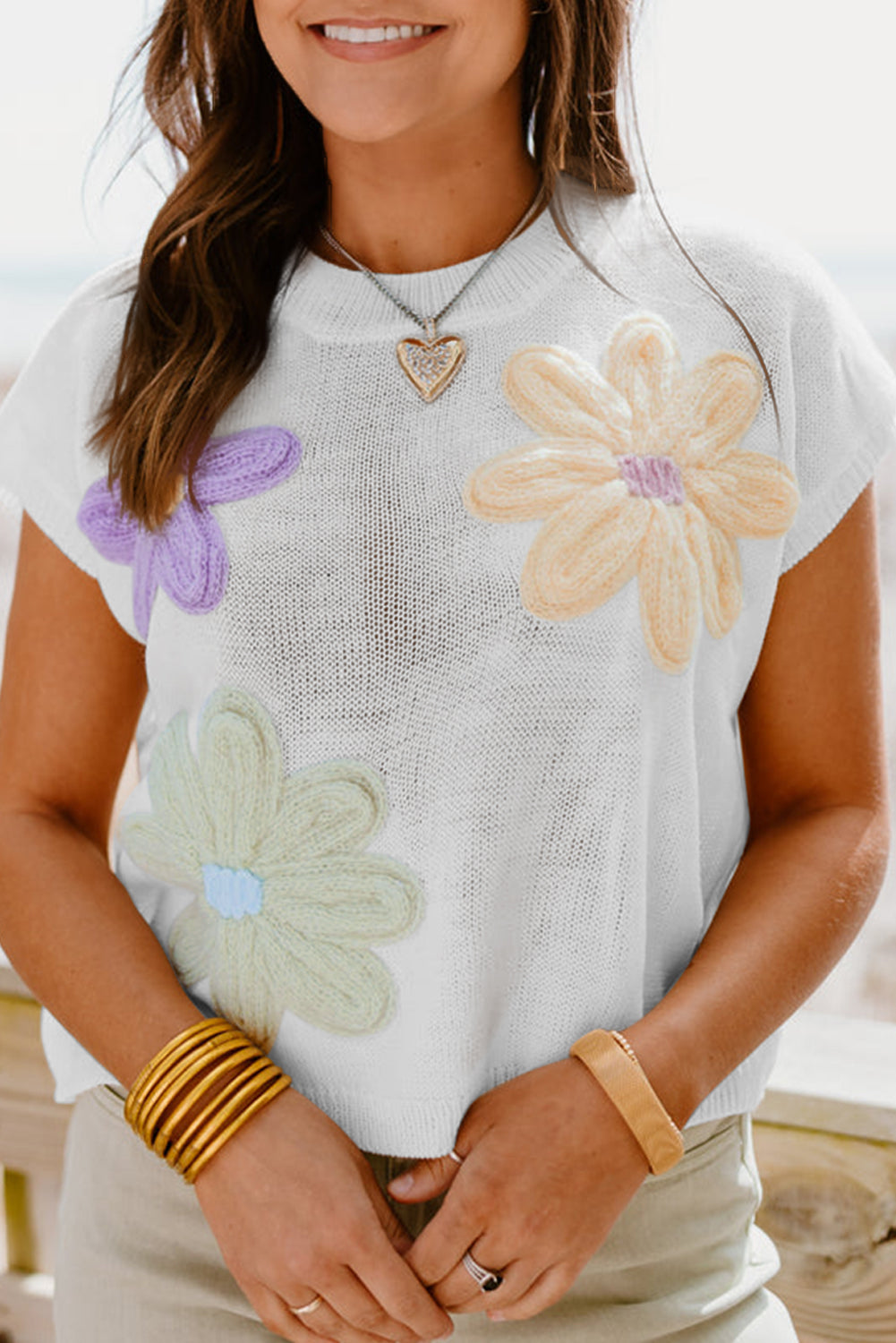 Pink Multi Crochet Flower Knit Short Sleeve Sweater Top
