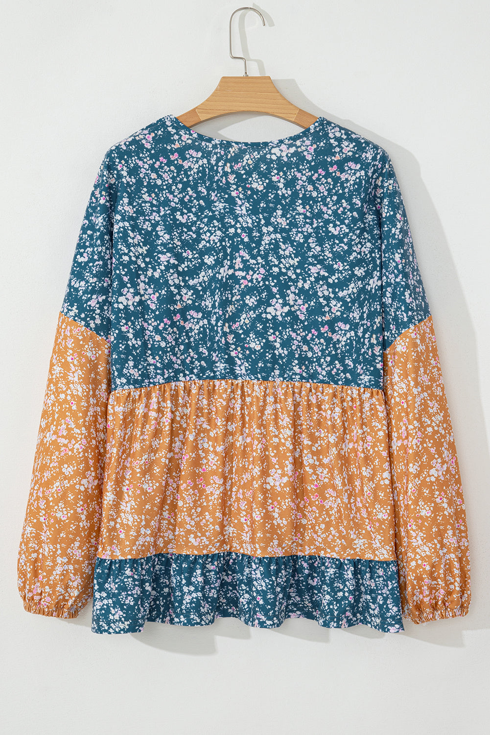 Blue Floral Color Block Patchwork Ruffled Hem Round Neck Blouse
