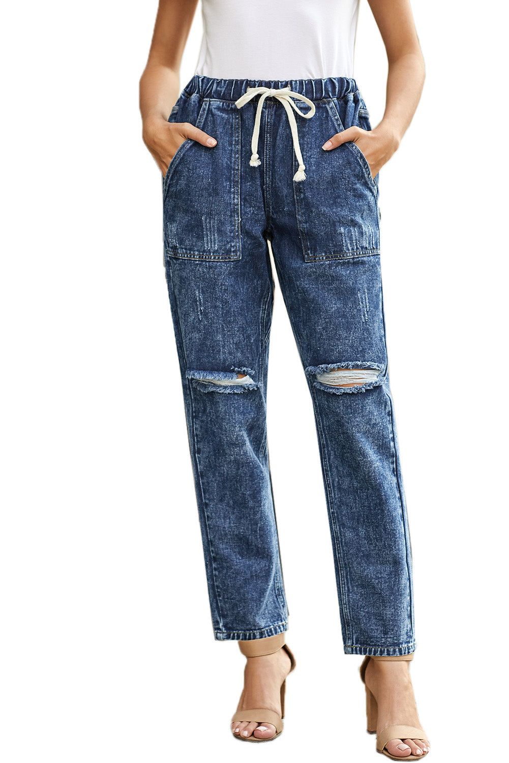 Sky Blue Gather Round Distressed Pocketed Denim Jogger