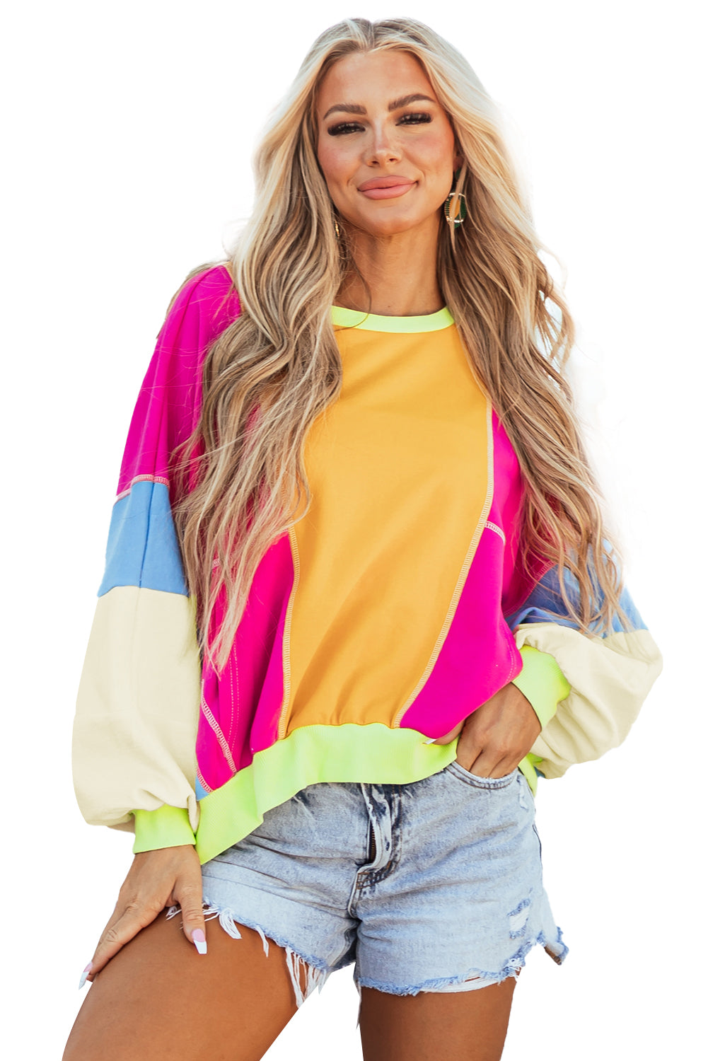 Dark Green Colorblock Patchwork Exposed Stitching Oversize Top