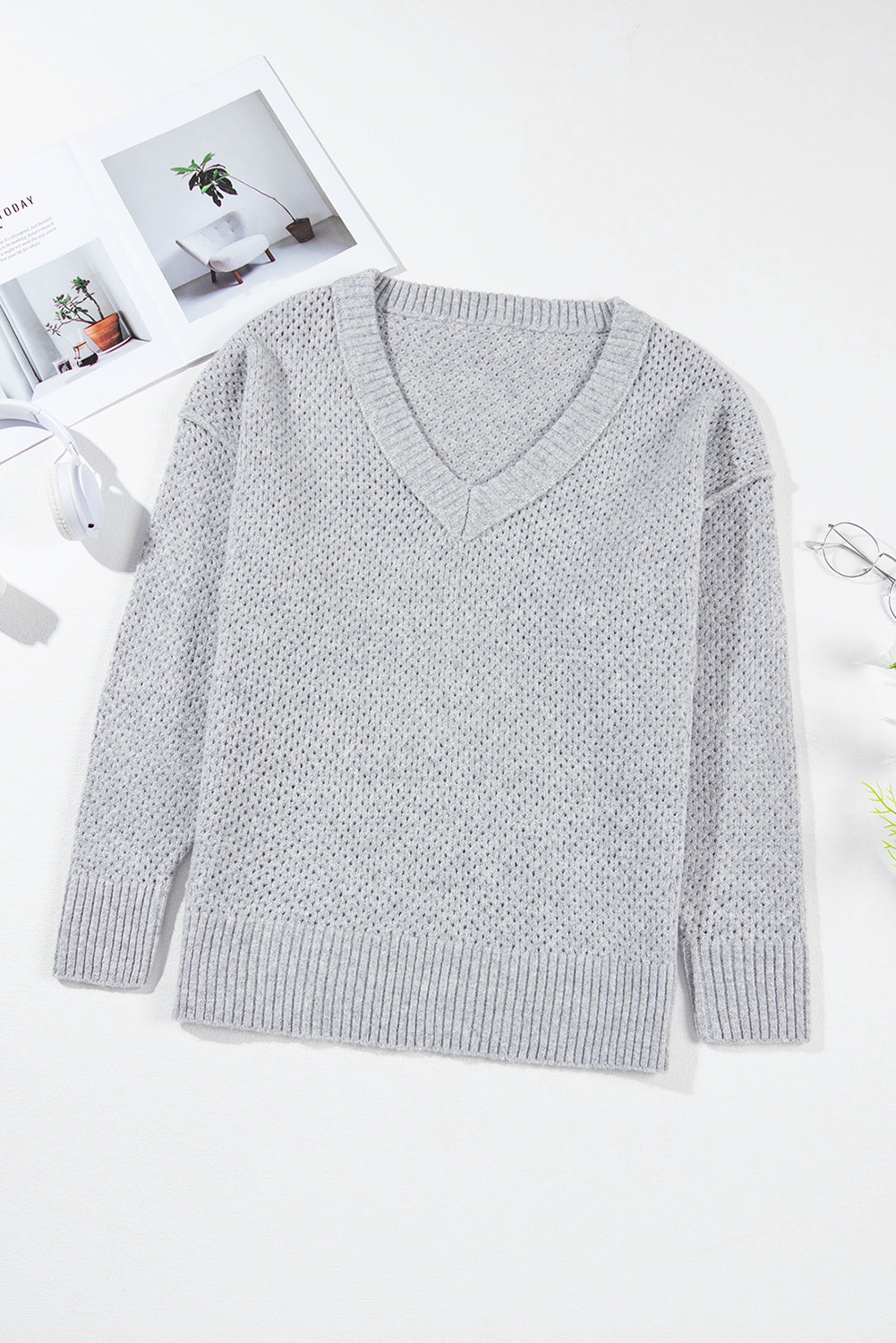 Jungle Green Loose Eyelet V Neck Drop Shoulder Sweater