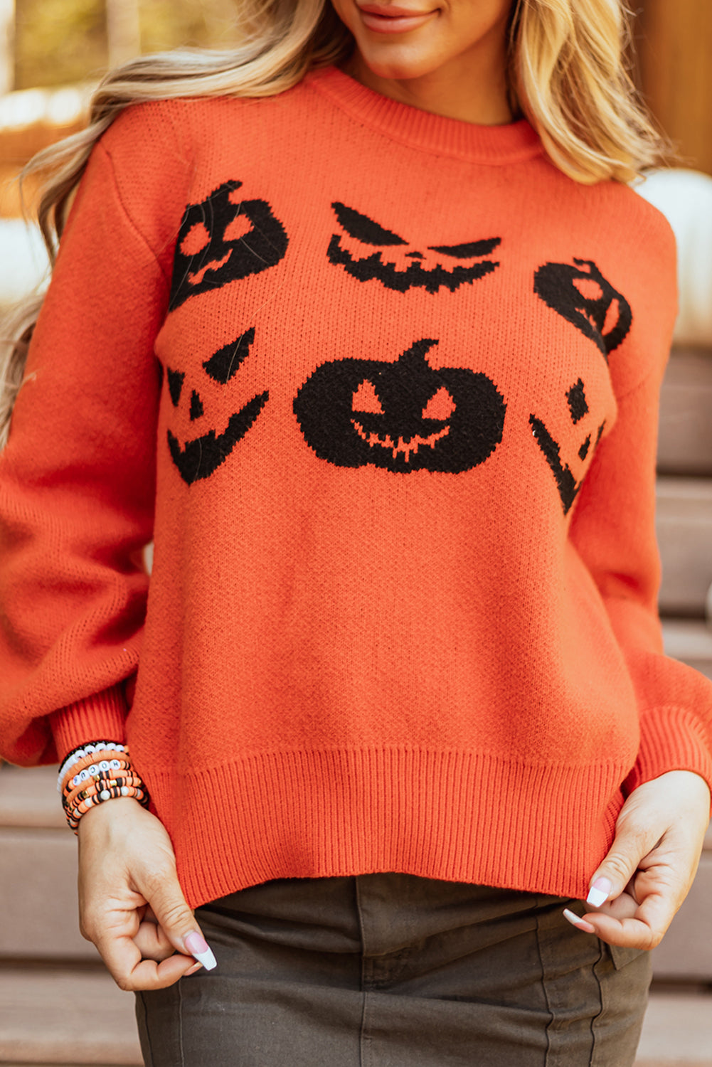 Black Halloween Pumpkin Face Pattern Drop Shoulder Sweater
