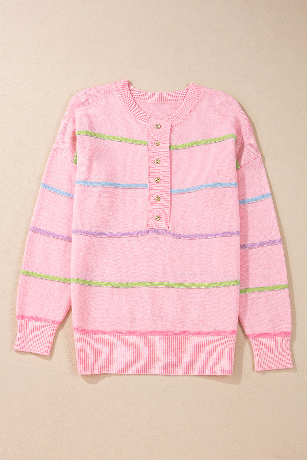 White Rainbow Stripes Drop Shoulder Baggy Henley Sweater