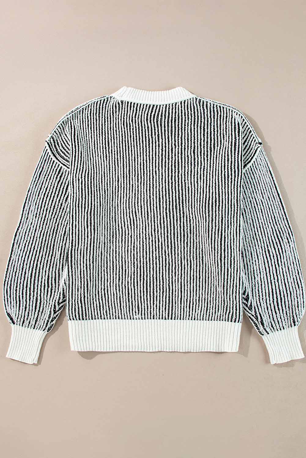 Dark Blue Striped Textured Knit Contrast Edge Loose Sweater