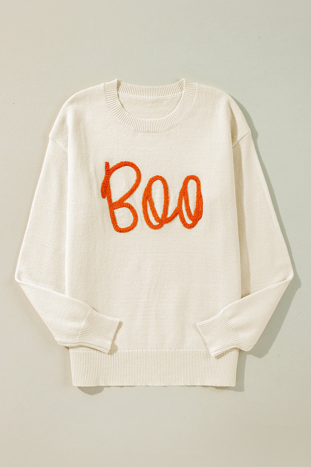 Orange Boo Knitted Pattern Ribbed Edge Drop Shoulder Sweater