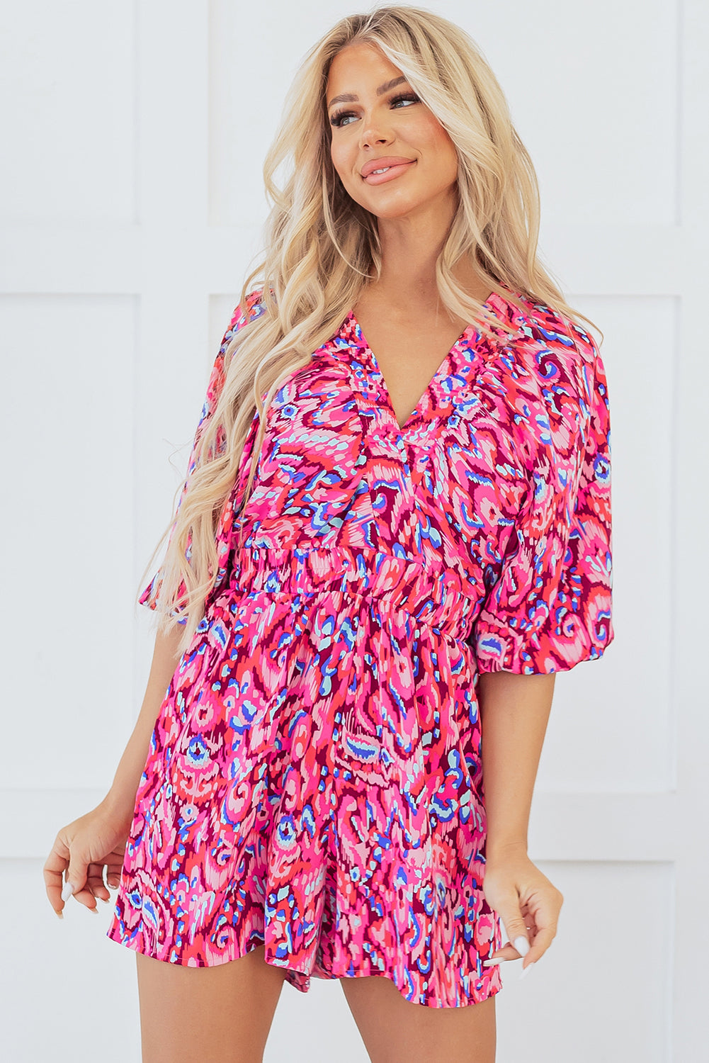 Green Abstract Print Puff Sleeve V Neck High Waist Romper