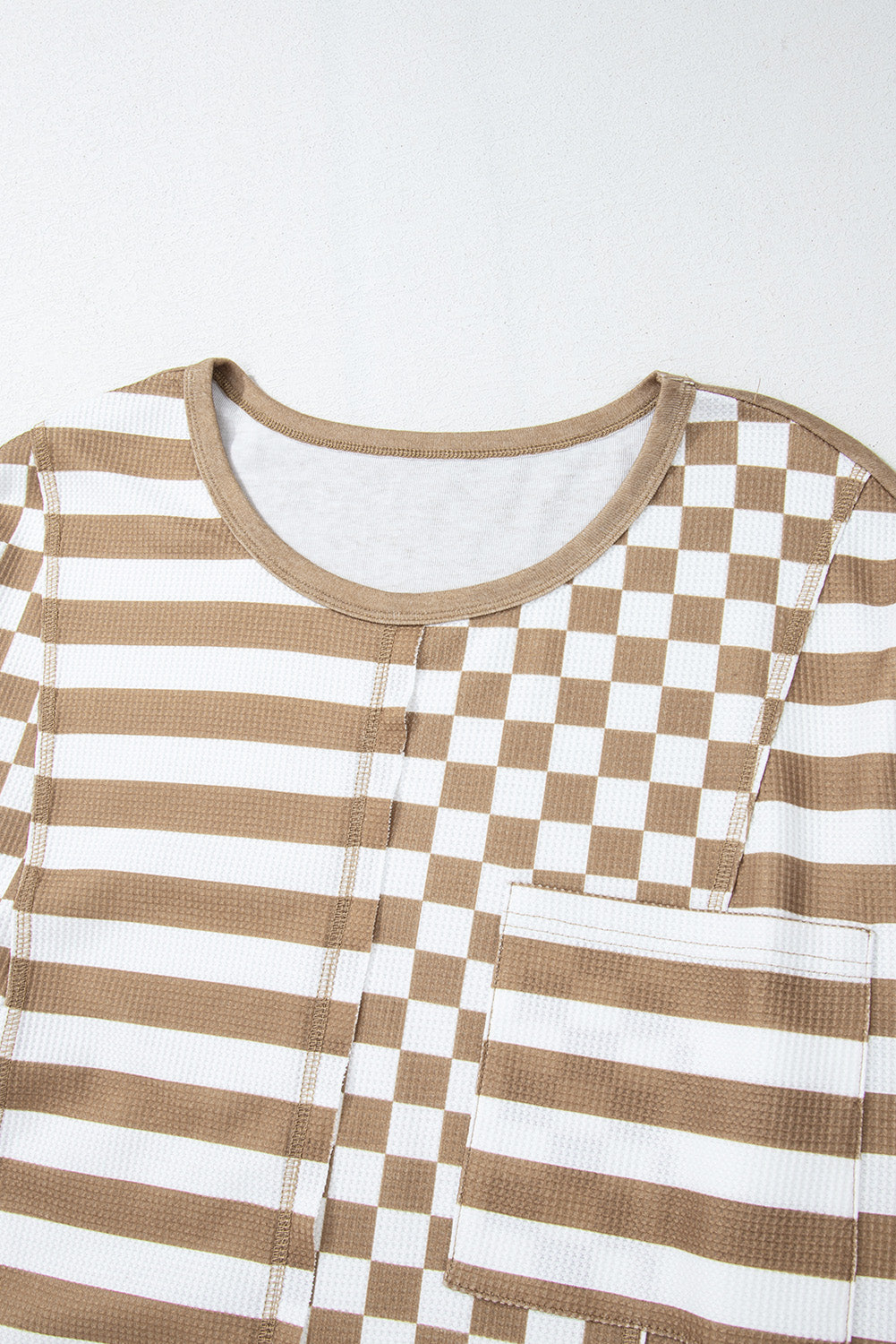 Rose Red Checkerboard Striped Patchwork Lantern Sleeve Pocketed Blouse