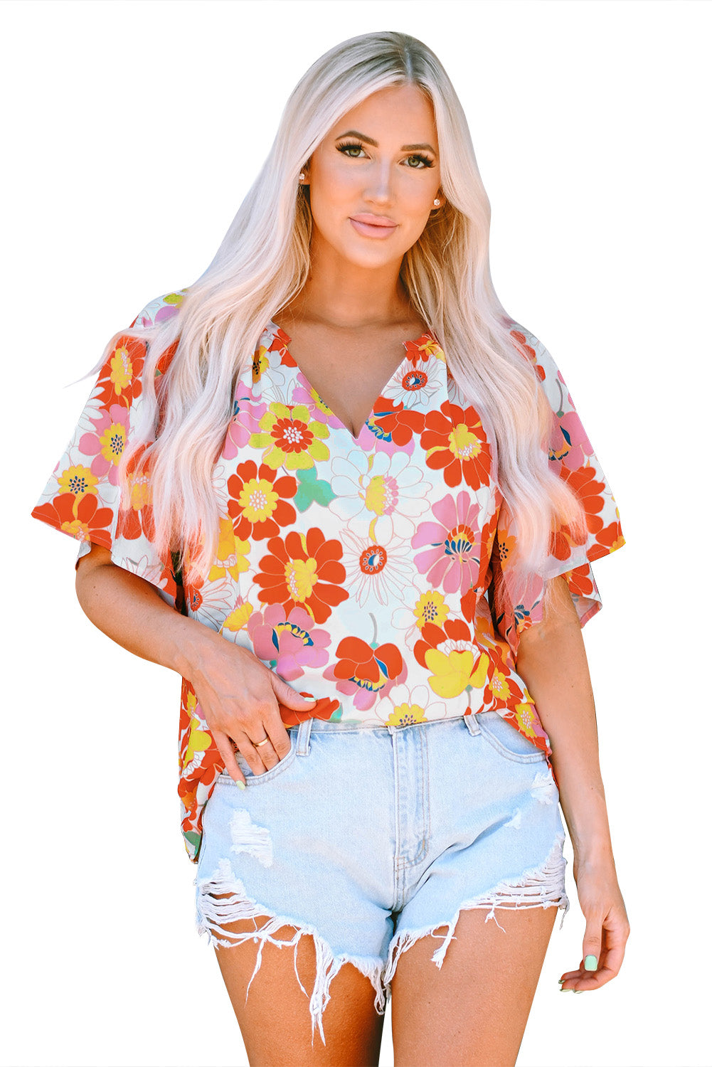 Multicolor Floral Print V Neck Half Sleeve Blouse