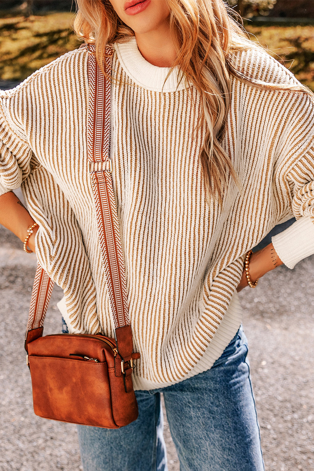 Dark Blue Striped Textured Knit Contrast Edge Loose Sweater