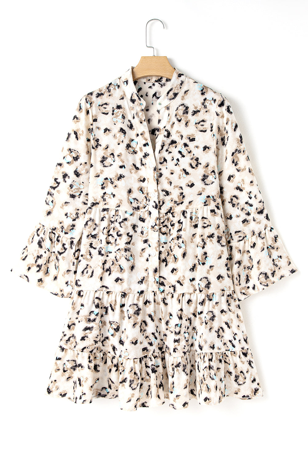 Rose Leopard Print Buttoned Front 3/4 Sleeve Tiered Ruffled Hem Dress