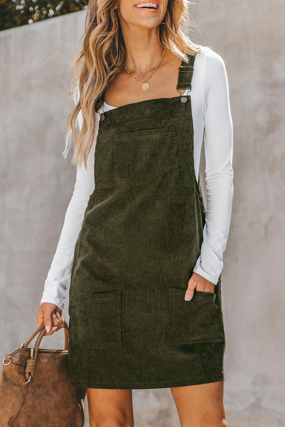Black Solid Front Pockets Sleeveless Corduroy Overall Dress