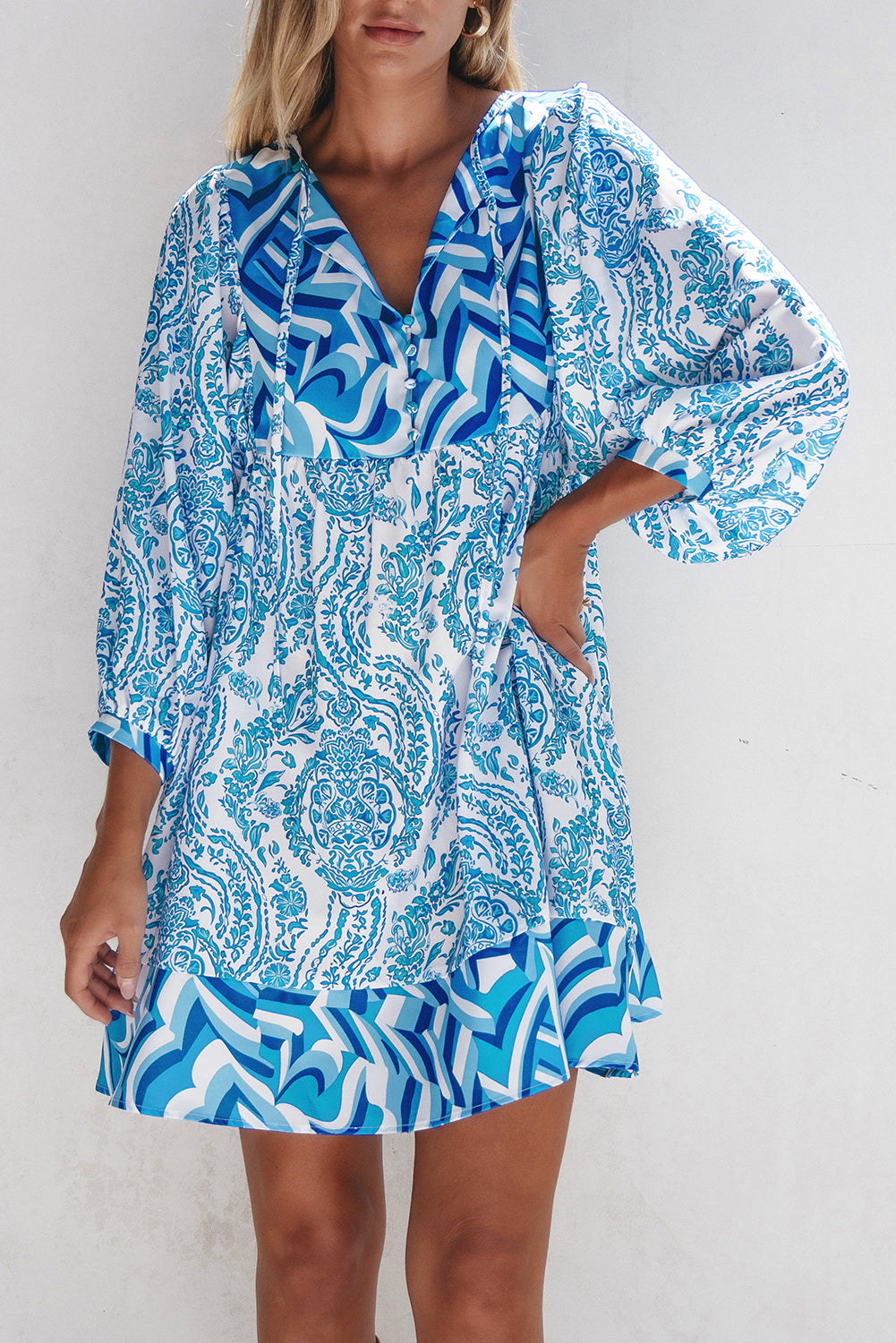 Orange Bohemian Print Puff Sleeve Tied V Neck Flared Mini Dress