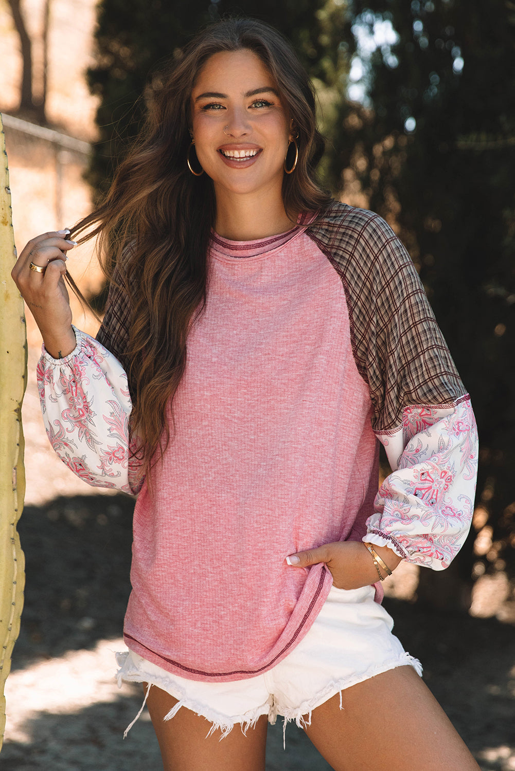 Jet Stream Mixed Print Raglan Sleeve Ribbed Knit Patchwork Blouse