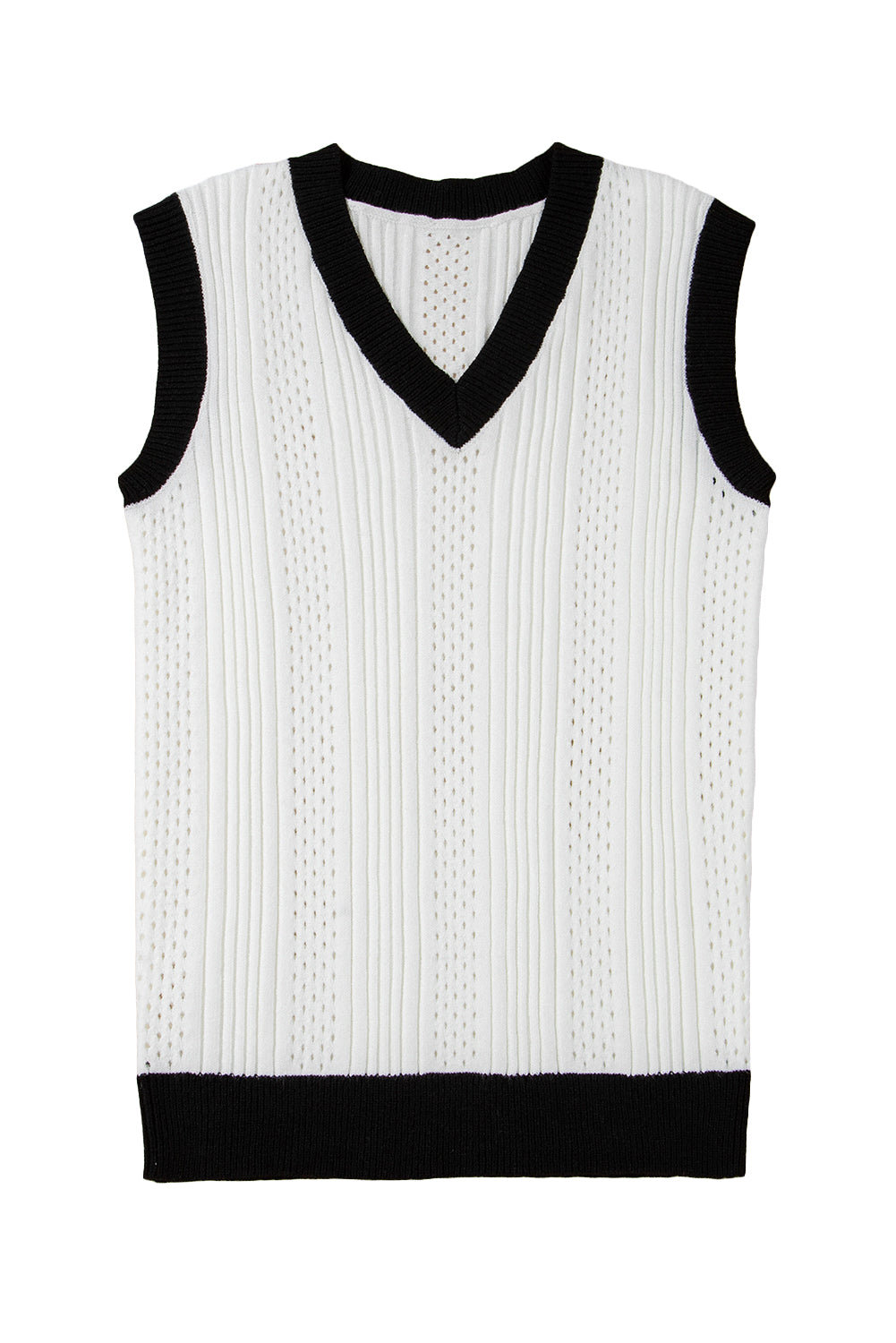 White Contrast Trim Eyelet Knit Colorblock V Neck Sweater Vest