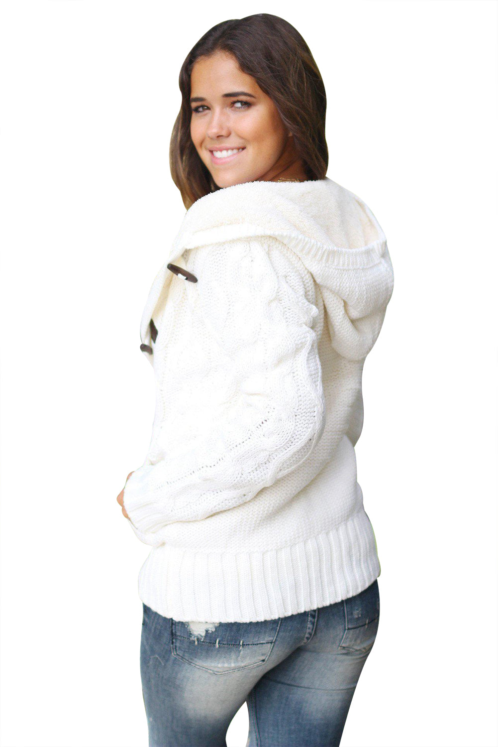 Fur Hood Horn Button Sweater Cardigan