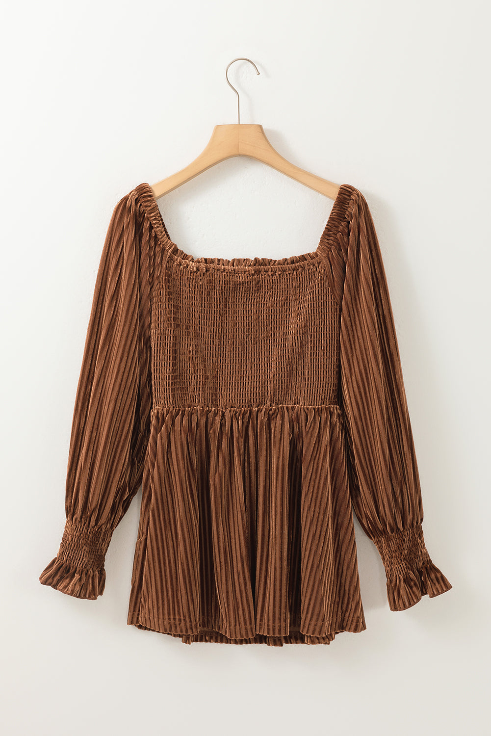 Blackish Green Smocked Ribbed Velvet Babydoll Top