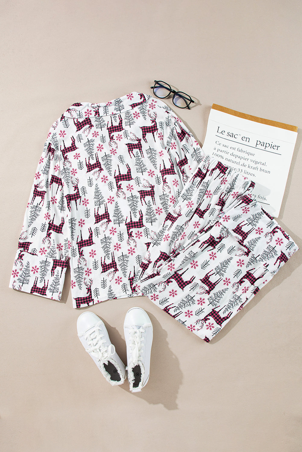 Light Grey Christmas Printed Shirt and Pants Pajama Set