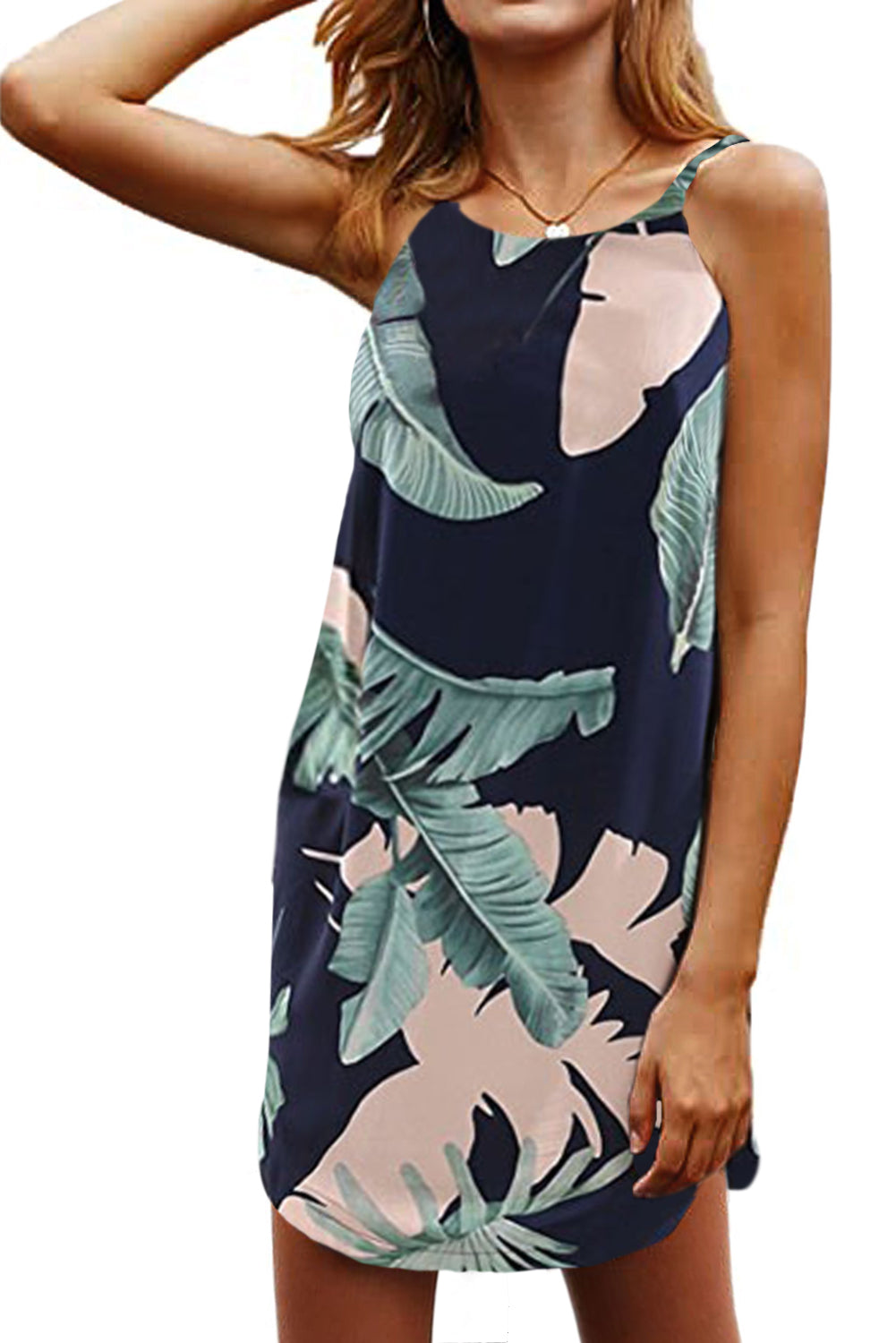 Palm Tree Leaf Print Navy Sleeveless Dress