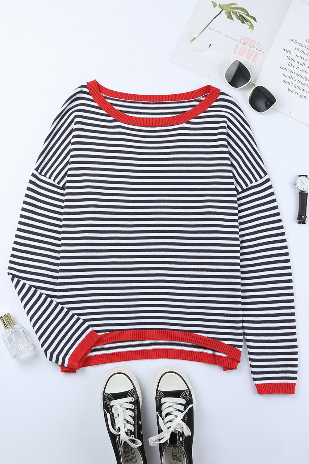 Fiery Red Contrast Trimmed Striped Drop Shoulder Sweater