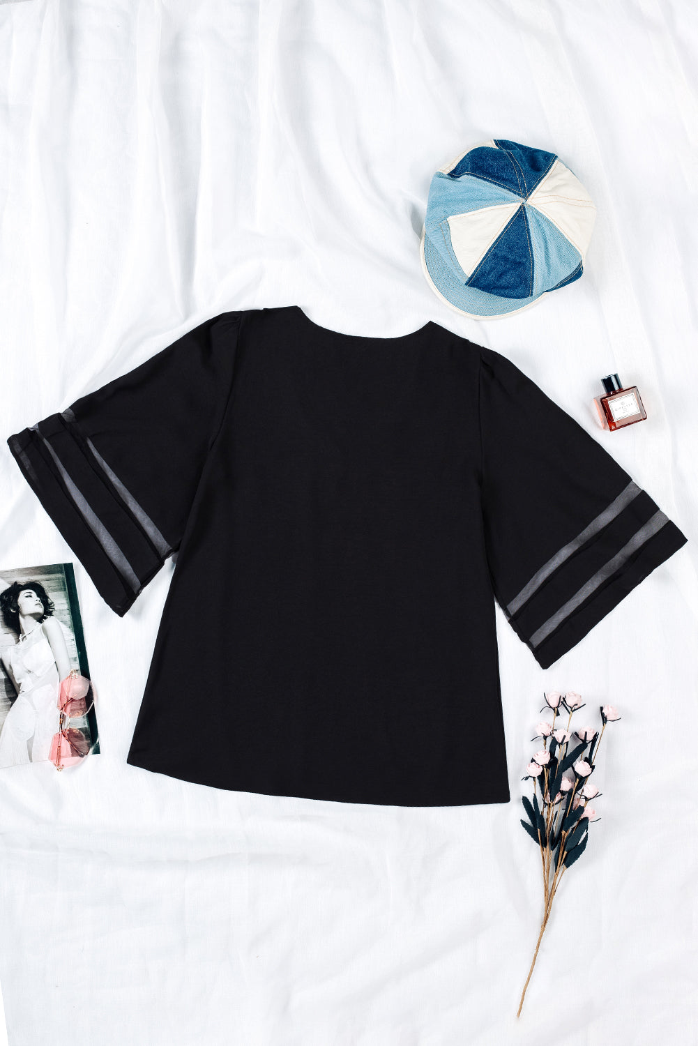 Green Flare Sleeve V Neck Loose Blouse