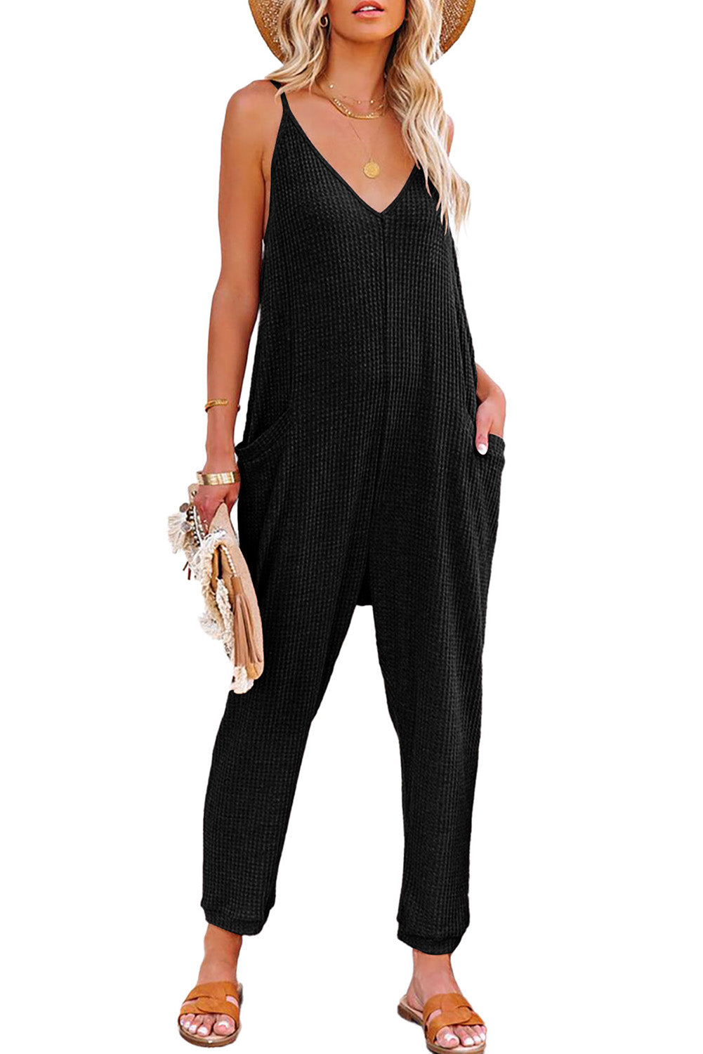 Gray Textured Sleeveless V-Neck Pocketed Casual Jumpsuit