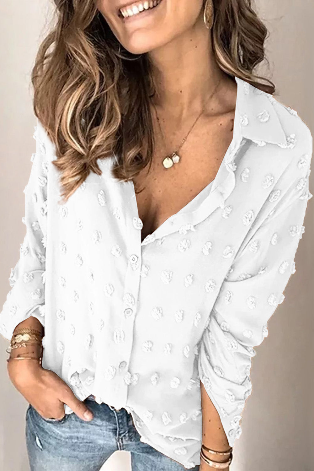 Gray Long Sleeve Button Fuzzy Polka Dot Shirt