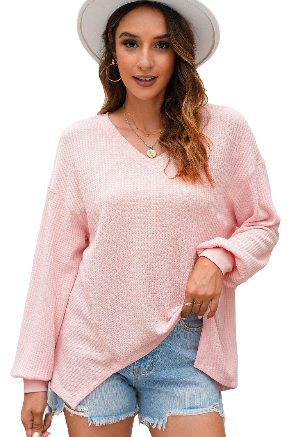 Orchid Petal Waffle V Neck Long Sleeve Drop Shoulder Loose Blouse