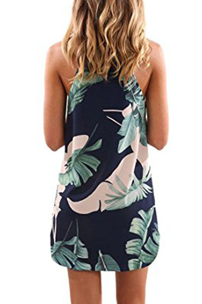 Palm Tree Leaf Print Navy Sleeveless Dress