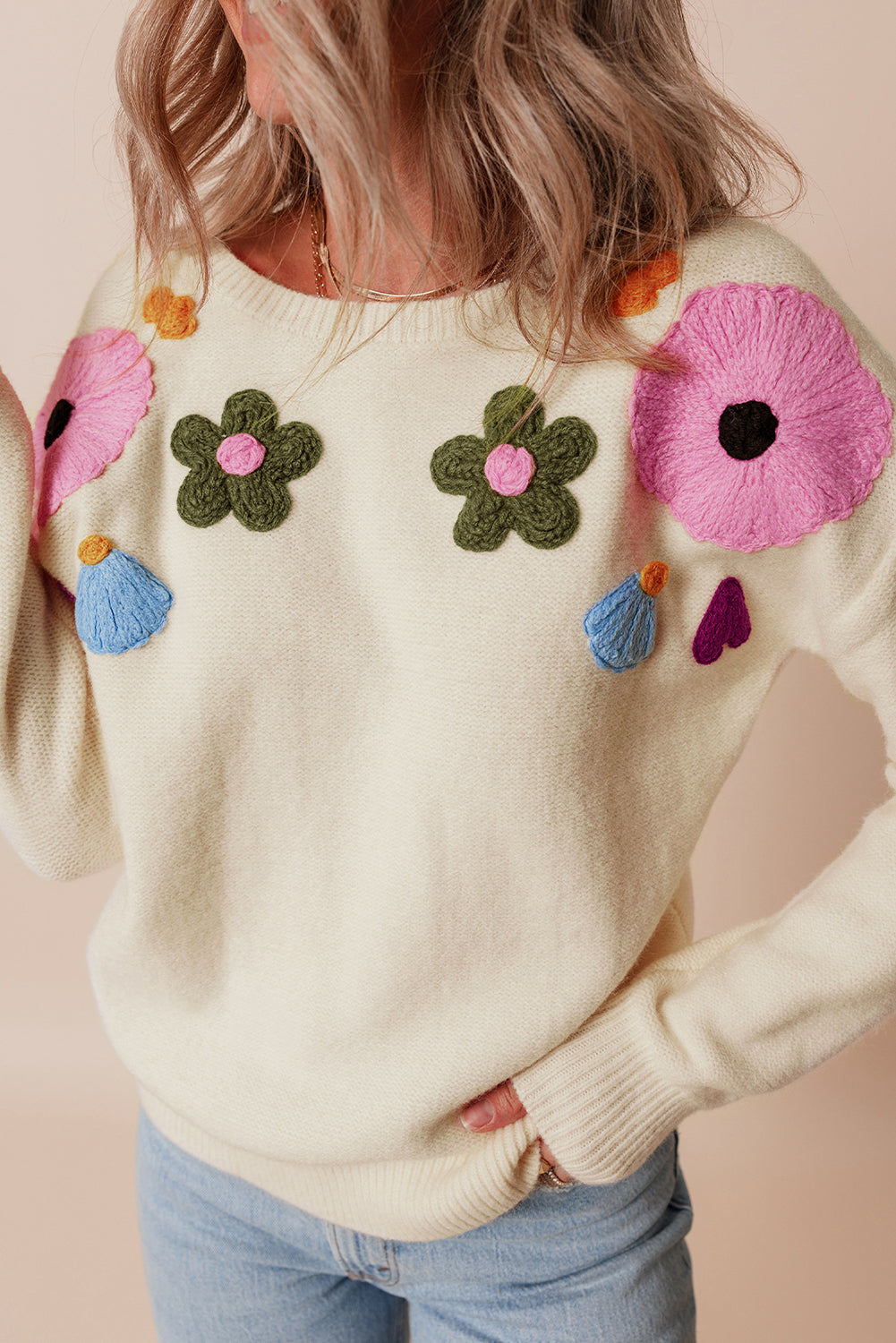 Light Blue Knitted Flower Pattern Ribbed Edge Sweater