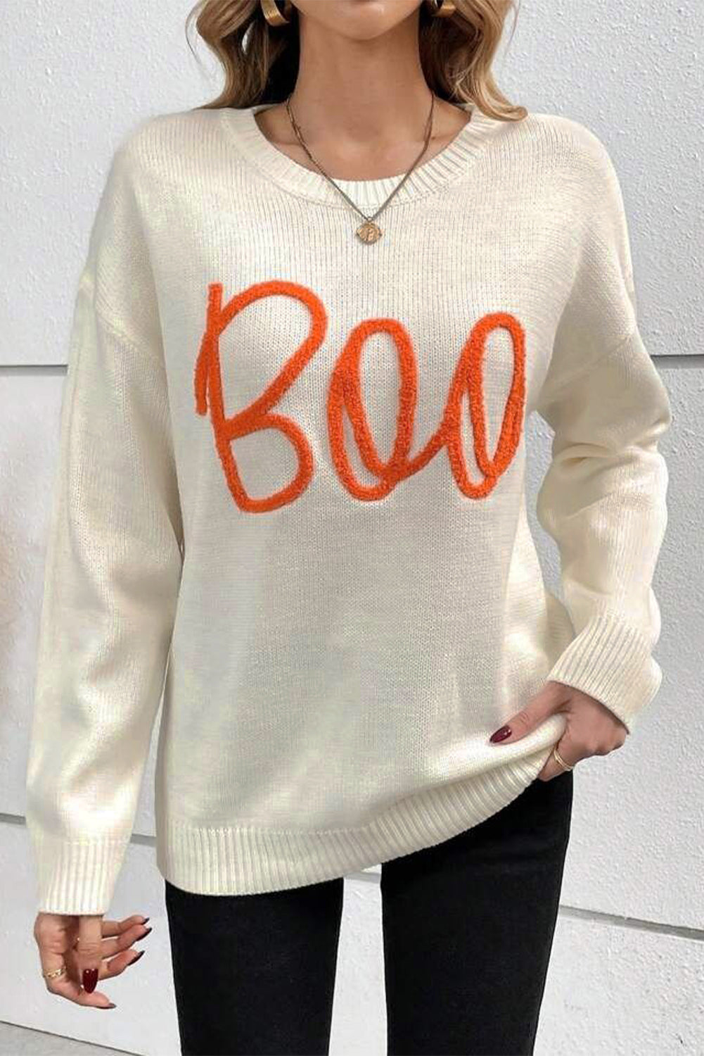 Orange Boo Knitted Pattern Ribbed Edge Drop Shoulder Sweater