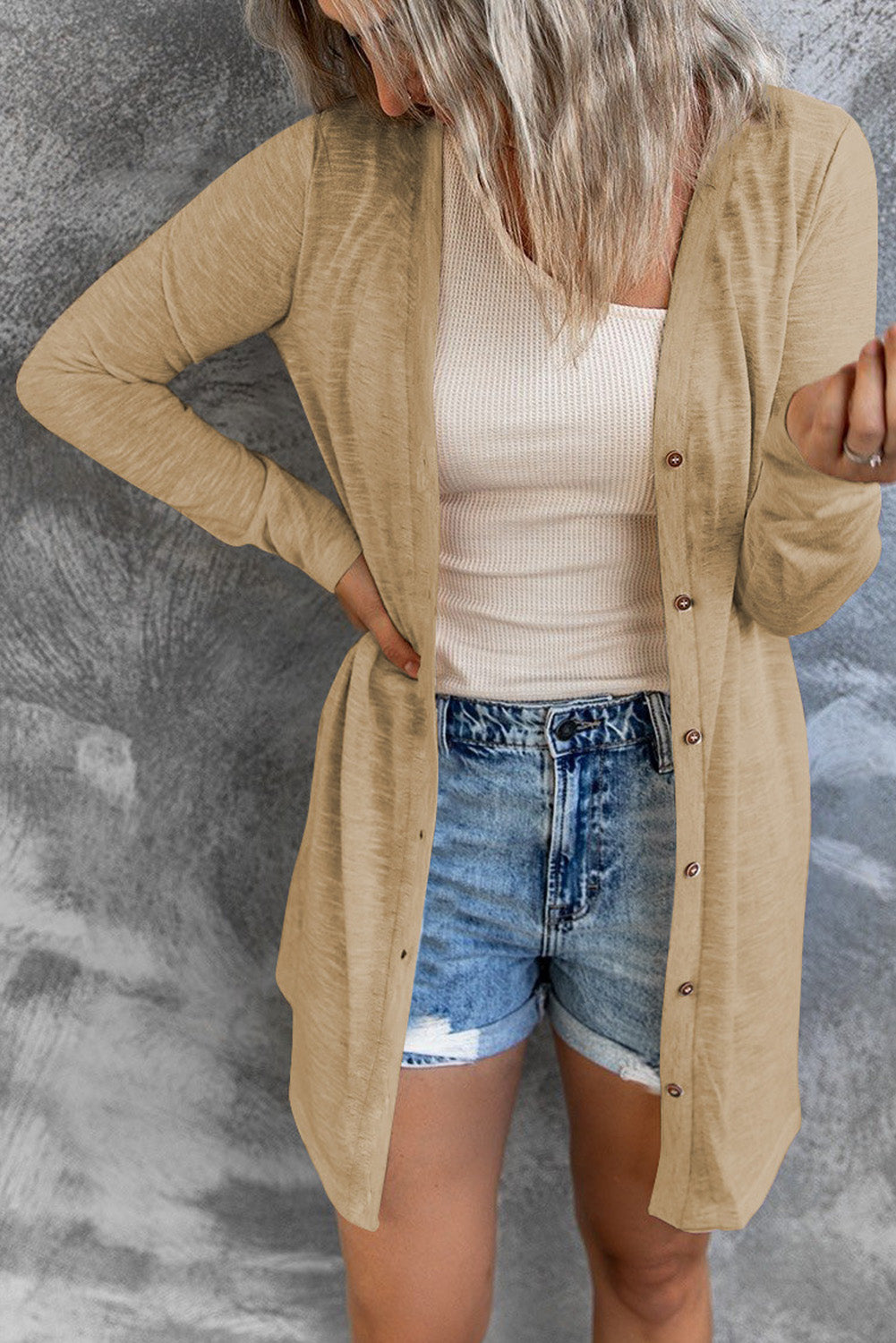 Solid Color Open-Front Buttons Cardigan