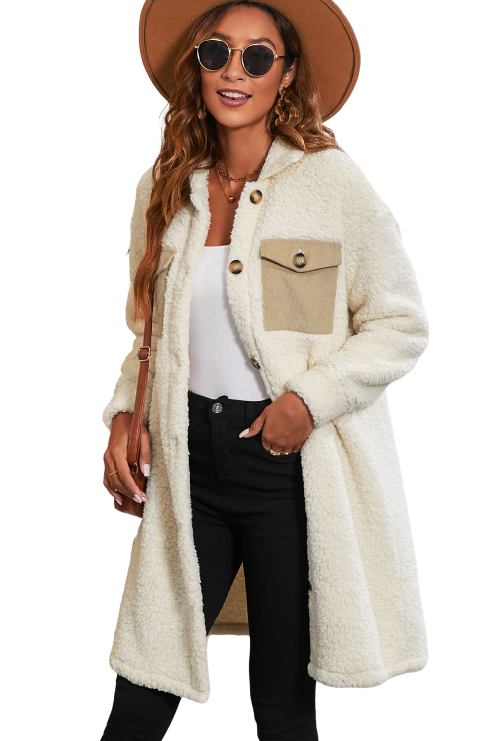 Khaki Contrast Flap Pocket Single Breasted Teddy Coat