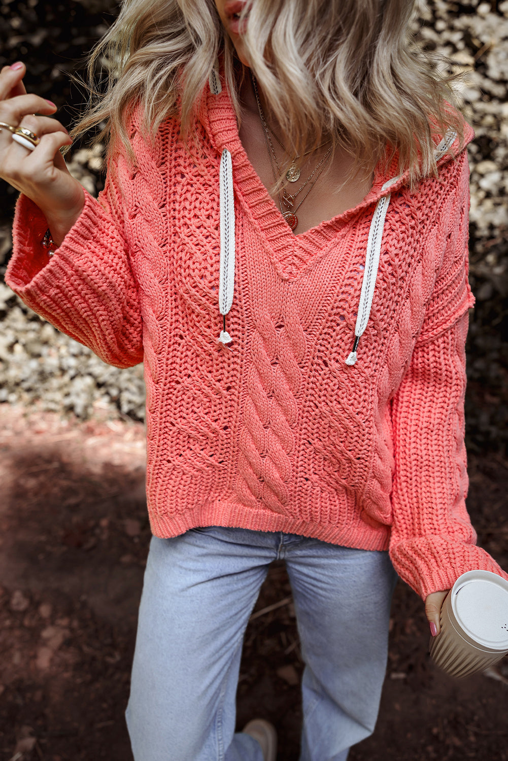 Sea Green Cable Knit V Neck Contrast Drawstring Hooded Sweater