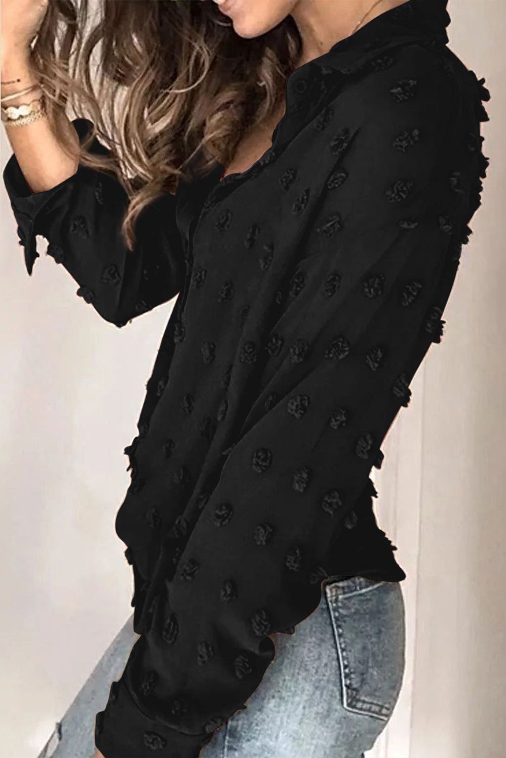 Gray Long Sleeve Button Fuzzy Polka Dot Shirt