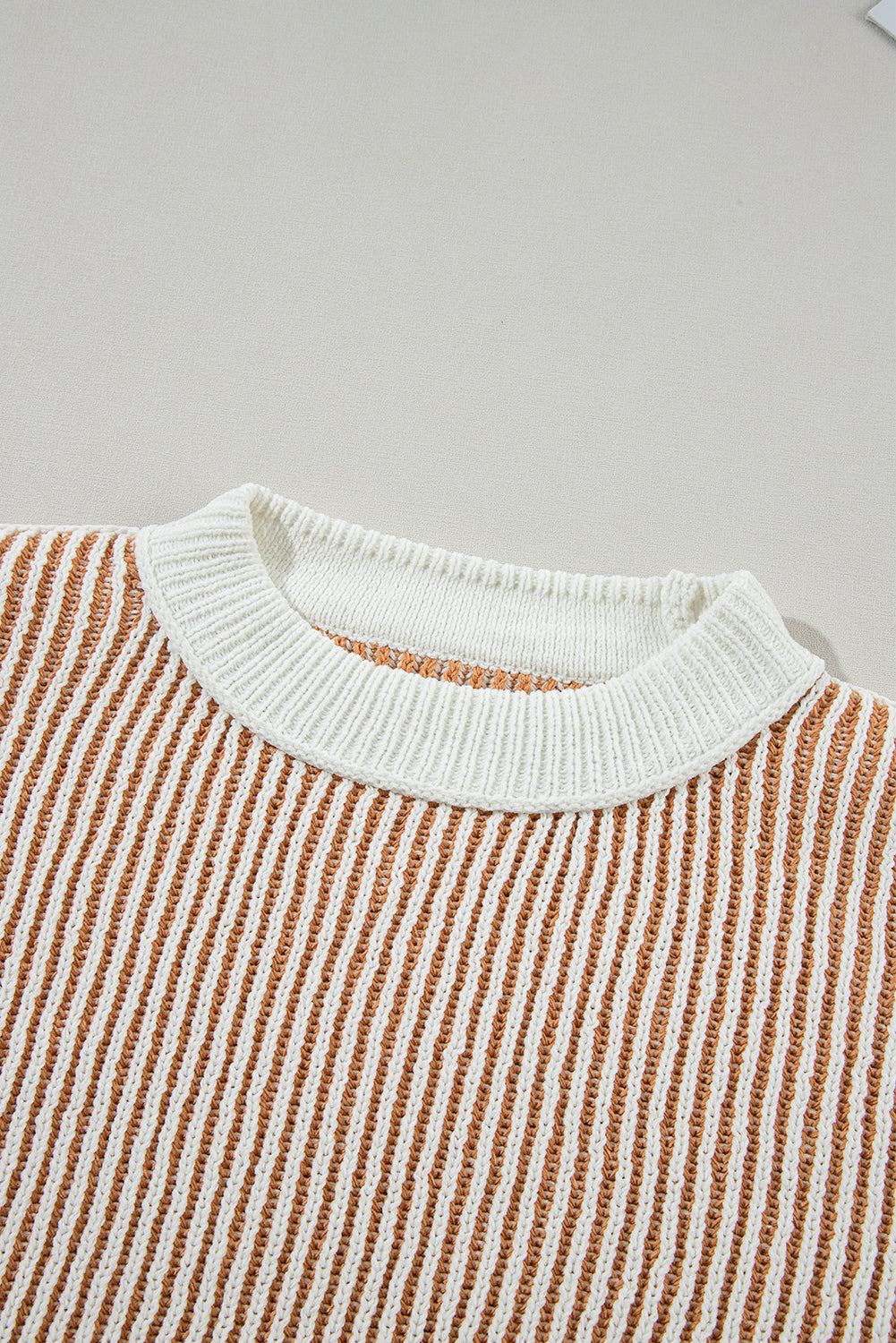 Dark Blue Striped Textured Knit Contrast Edge Loose Sweater