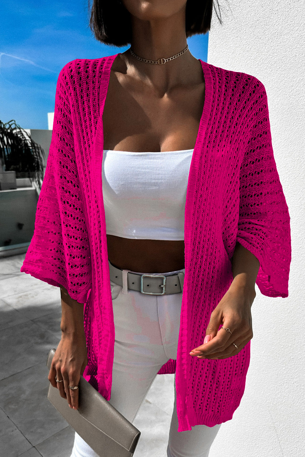 Sky Blue Hollow-out Bracelet Sleeve Knit Cardigan